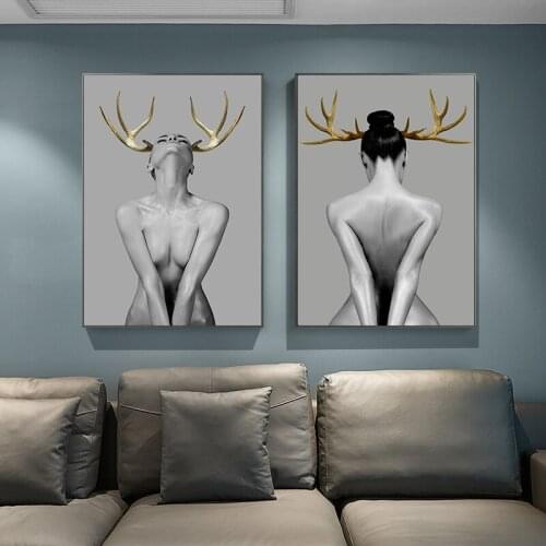 Nordic Antlers girls Figuars Canvas Print Wall Art Poster Picture Modern Bedroom Living Room Decoration No Frame