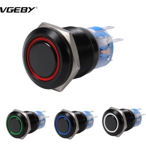 19mm 12V LED ON/OFF Black Waterproof Self-locking Latch Push Button Flate Switch Car Switch