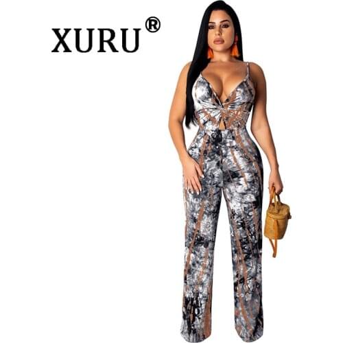 XURU summer hot digital print jumpsuit sexy strap V-neck jumpsuit womens casual jumpsuit