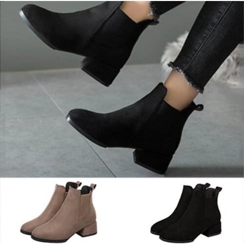 Women Autumn Winter Flock Ankle Boots Slip-on Round Toe 3.5cm Square Heel Solid Casual Black Booties Size 35-43