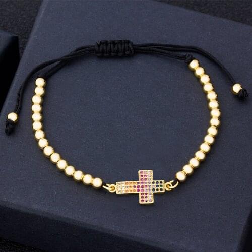 Fashion Cross Design Beads Bracelet Copper Cubic Zirconia Handmade Adjustable Rope Bracelet Charm Women Jewelry Braided Gift