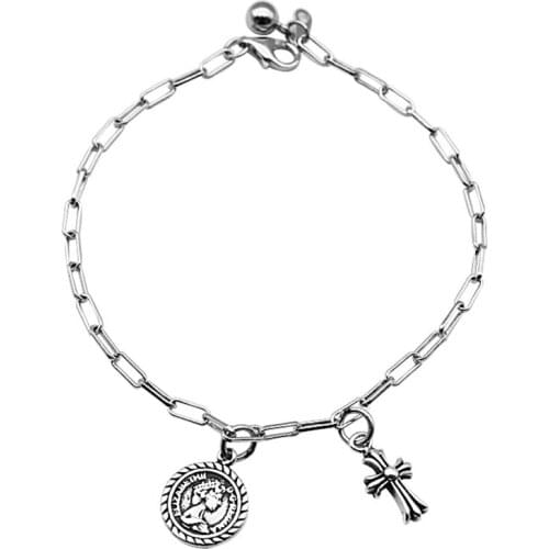 OneQuarter 925 Sterling Silver Vintage Cross Bracelet for Women Trend Personality Coin Portrait Bracelet Chain Fashion Jewelry