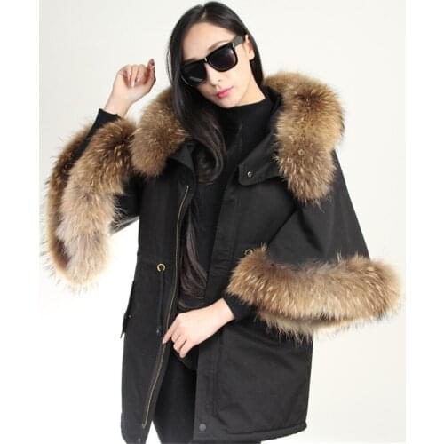 Women Winter Coat Jacket Casual Overcoat Flare Sleeve Cloak Cotton-padded Outerwear Raccoon Large Fur Collar Army Green Hooded