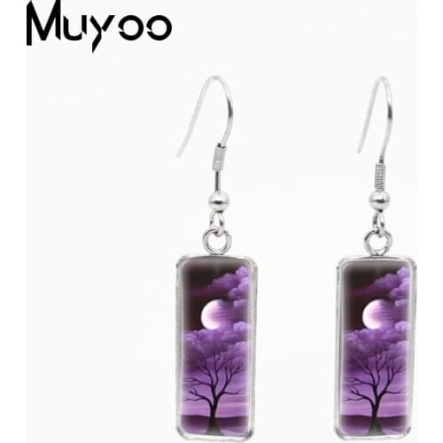 2021 New Fashion Beauty Colorful Tree with Moon Rectangle Earrings Tree of Life Glass Cabochon Fish Hook Earrings
