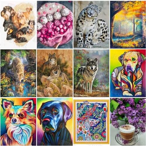 Diy Diamond Painting Colorful Domestic Pet Dogs Wild Protected Carnivores Leopard Wolves Delicious Pastries Poster Painting