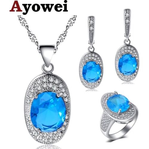 Ayowei Sky Blue Zircon 925 Silver ingot for Women Earrings Necklace pendant Ring Jewelry Sets size #6#7#8#9#10 JS710A