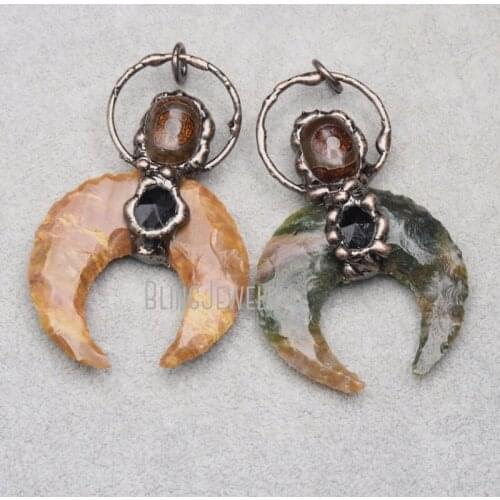 Double Horn Jasper Pendant Onyx DZI Agates Accent Rustic Copper Fancy Hopp Bail Crescent Pendant PM36848