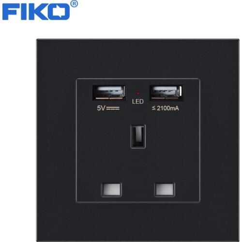 FIKO 86mm*86mm 13A British socket Black PC panel family wall power socket with dual usb family hotel