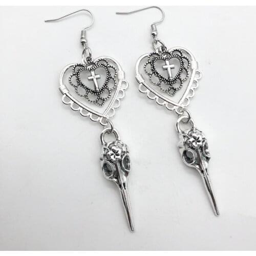 Gothic Heart Cross Bird Skull Earrings Jewellery Design Dark Art Goth Aestheic Dangle Earrings For Alternative Girl Punk Gifts