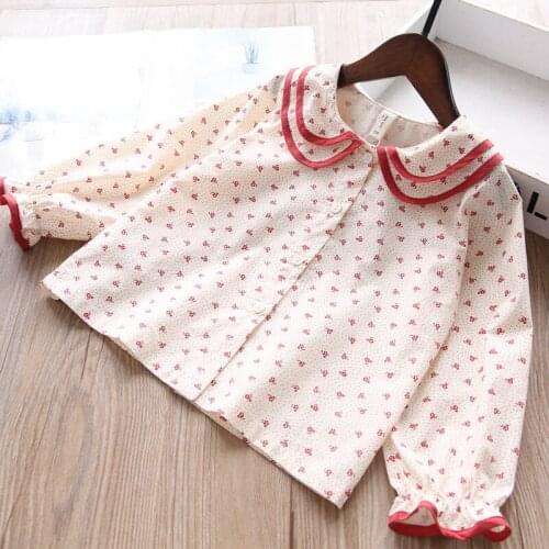 Girls turn-down collar flower print cotton t shirts children top wholesale kids clothing