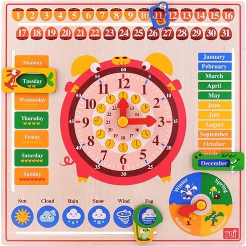 Toi Kids Early Educational Baby Popular Colorful Interesting Children Cartoon Calendar Wooden Clock Puzzle Toy Over 3 Years Old