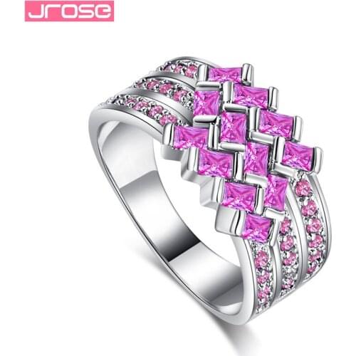 JROSE New 2019 Wide Wave Rings For Women Pink Cubic Zirconia Anillos Plata 925 Para Mujer Wedding Engagement Exquisite Bijoux
