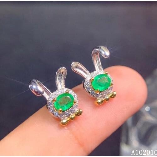 KJJEAXCMY 925 sterling silver inlaid natural emerald earrings new popular rabbit ladies ear stud support test hot selling