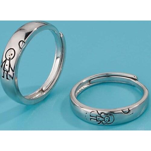 Cartoon Boy and Girl Engraved Pattern Ring Promise Matching Engagement Band Open Rings Adjustable for Couples Valentine Gift