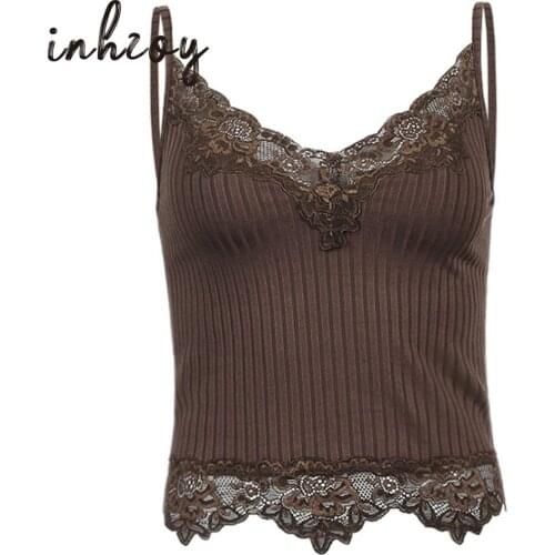 Lace Trim Ribbed Tops Vest Women Summer Brown Sexy V Neck Cami Vintage 90s Y2K Crop Top Gobincore Fairy Grunge Aesthetic Clothes