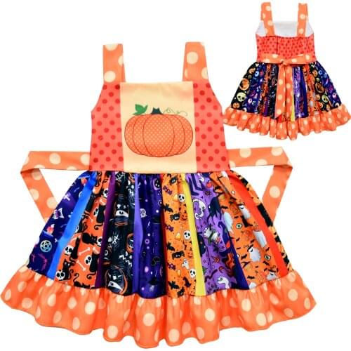 Fashion Halloween Pumpkin Cartoon Pattern Printed Twirl Dresses Children Party Boutique Clothes