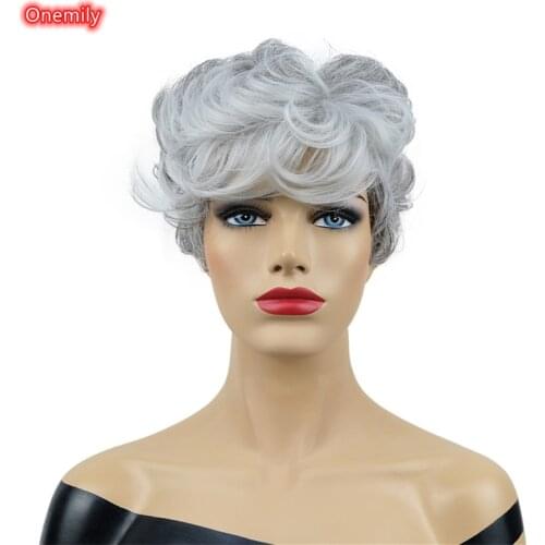 Onemily Silver Gray Pretty Short Wavy Pixie Cut Wig with Bangs Synthetic Natural Women Hair for Daily Wear