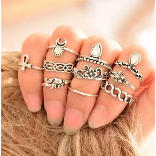 R005 10pcs/set Ring Set for Women alloy Flower Boho Carved flower Beach Vintage Punk Elephant Ring of the joint Ring