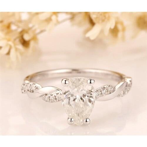 RandH 1.5CARAT Pearl Cut Moissanite Rings 14K Pure White Gold 9*7mm Twisted Solitaire Rings For Women Egagement Wedding Rings