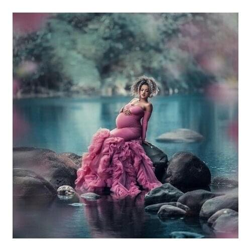 Chic Mermaid Maternity Dresses Stretchy Long Sleeves Strapless Sweetheart Pleated Tulle Ruffles Flouncing Plus Size Pregnancy Go