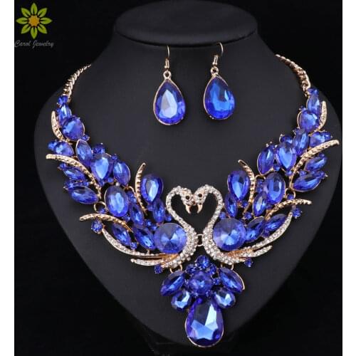 Crystal Bridal Jewelry Sets Gold Color Swan Pendant Necklace Women Gift Party Wedding Prom Necklace Earring Accessories