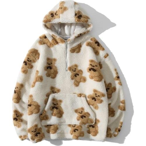 Sudaderas Fashion Mens Lamb Wool Thicken Hoodies 2020 Autumn Winter Vintage Bear Print Hooded Pullover Couple Zip UP Sweatshirt