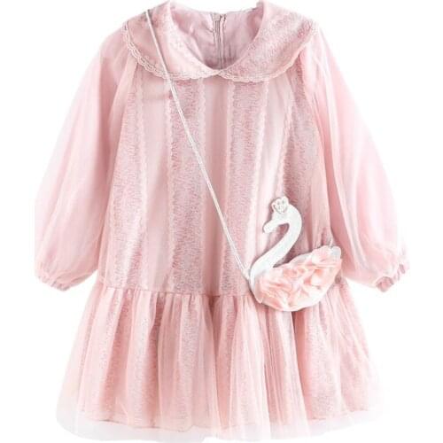 Tulle Princess Dress with A Swan Bag Evening Birthday Party Dress Summer Dress Prom Long Sleeve Dress Clothes for Girl 3-14Y