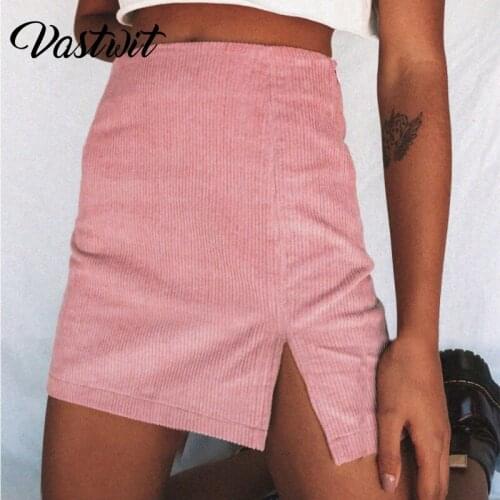 High Waist Corduroy Skirt Zipper Side Split Bodycon Mini Skirts Spring Solid Color Vintage Y2k Aesthetic Kawaii E Girl Clothes
