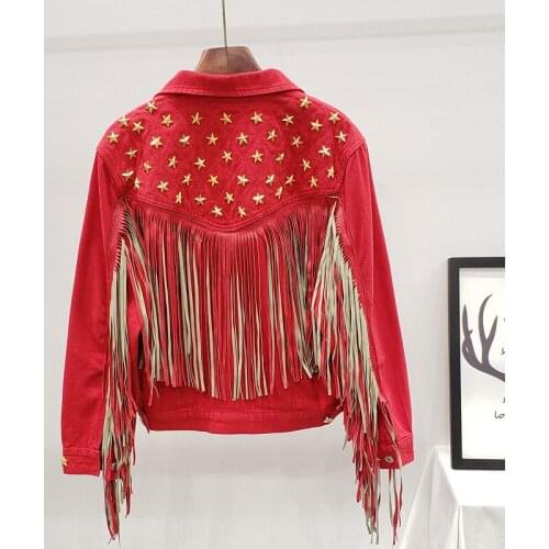 Spring Autumn New Pentagram Rivet Tassel Denim Jacket Women Fashion Single-breasted Short Jeans Jacket Vintage Basic Coat H007