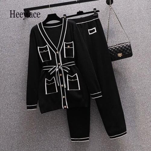 Plus Size Sets Women V-Neck Long Sleeve Contrast Belt Pocket Single-Breasted Knitted Cardigan Coat+Straight Pants 2 Piece Sets