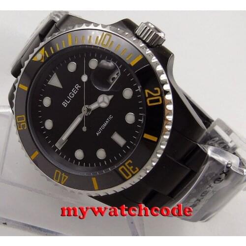 40mm Bliger Black Dial Black PVD Case Ceramic Bezel Sapphire Crystal Automatic Mens Watch
