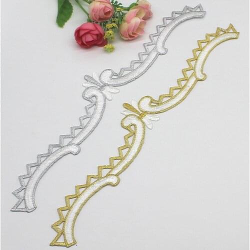 YACKALASI 10 Pieces/Lot Gold Trim Flower Lace Appliqued White Embroidery Patches Iron On Gold and Silver 32cm*5cm