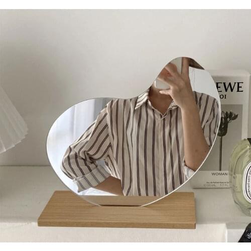 Frameless Acrylic Makeup Mirror Irregular Tabletop Vanity Mirror with Wooden Base for Home