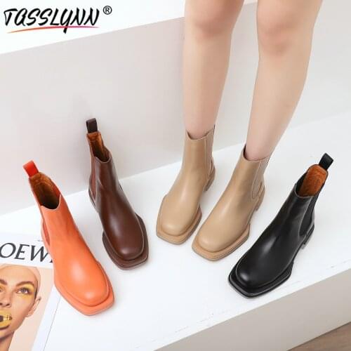 TASSLYNN 2020 Combat Boots for Women Genuine Leather Winter Snow Boots Women Elastic Band Round Toe Women Shoes Platform Boots