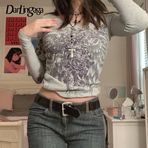 Darlingaga Grunge Fairycore Printed Gray Autumn T-shirts Women Vintage Y2K Aesthetic Pullover Dark Academia Tops Techwear Tshirt