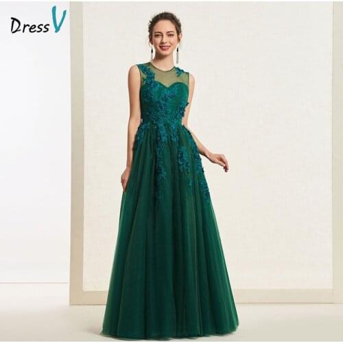 Dressv dark green scoop neck evening dress sleeveless appliques a line floor length wedding party formal dress evening dresses