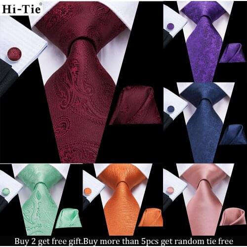 Hi-Tie Men Necktie Burgundy Blue Solid Silk Wedding Tie For Men Hanky Cufflink Set Business Party Dropshipping Fashion Designer