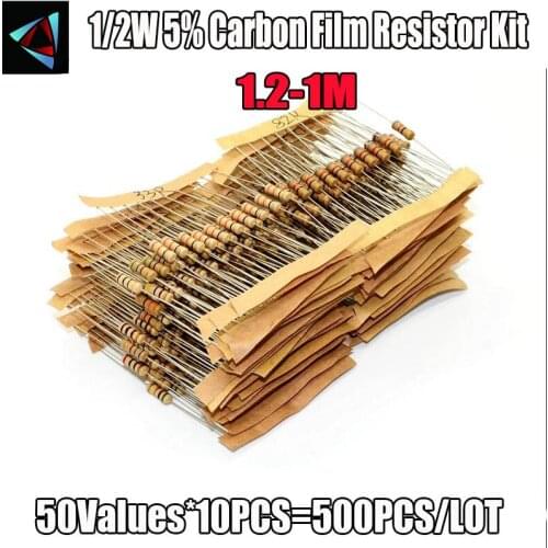 500PCS/LOT 50 Values 1/2W 0.5W 5% 1.2R-1M ohm Carbon Film Resistors Assorted Assortment Kit