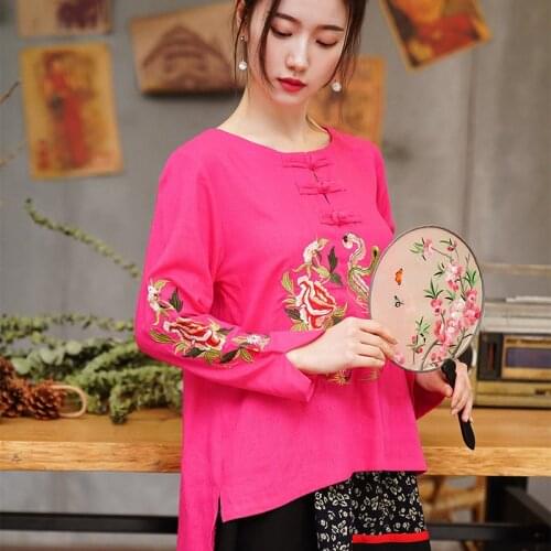 Chinese Traditional Women Cotton Linen Shirt Blouse Vintage Ladys Embroider Flower Tops Oriental Hanfu Stage Show Clothing