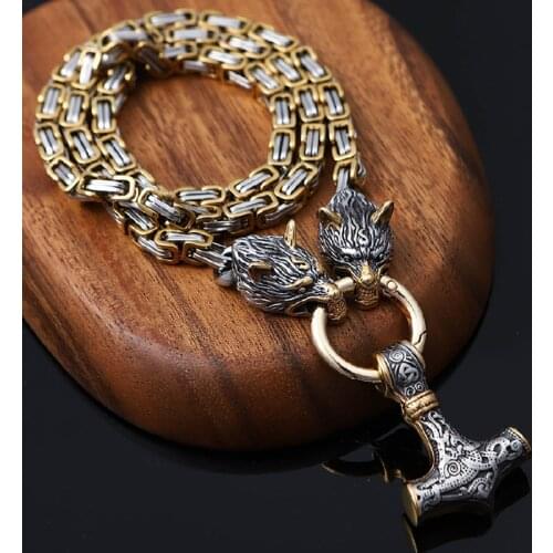 MKENDN Viking Celtic Double Wolf Necklaces Men Stainless Steel Vegvisir Amulet Hammer Pendant Norse Runes Punk Biker Jewelry