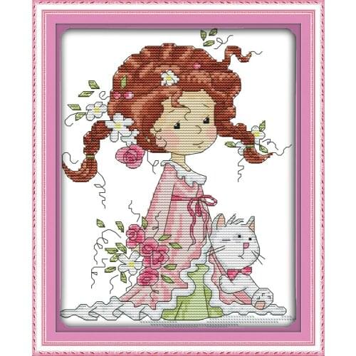 Dreampattern The little girl and kitten cross stitch kit DIY embroidery set handmade needlework cross-stitching DMC color