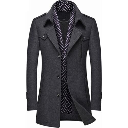 New Brand Men Wool Blends Coats Scarf Collar Thick Trench Coat Winter Casual Long Woolen Coat Men Cold Resistant Overcoat