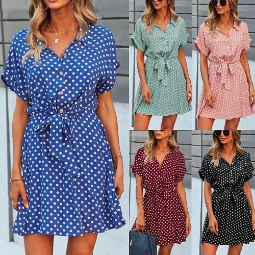 VITIANA Women Dot Blue Dress Female Short Sleeve Buttons Elegant Dresses Summer Femme Green Mini Dresses Loose Vestidos