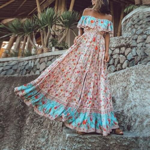 Floral Print Maxi Dresses Womens Vintage Elegant Beach Sash Sexy Off Shoulder Tunic Long Summer Boho Dress Women Vestidos