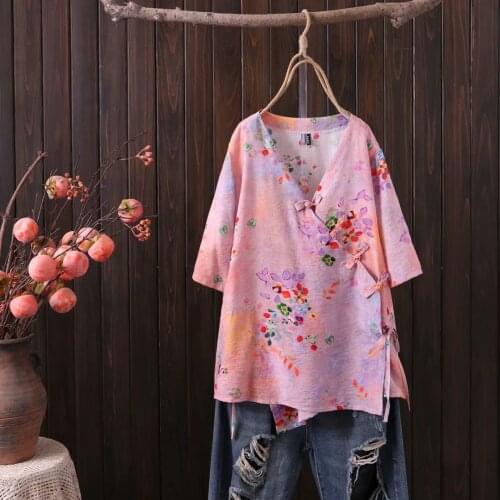 Plus size floral print Buckle loose women Tshirts 2021 summer ladies V-Neck short sleeve t shirts female tops t-shirts
