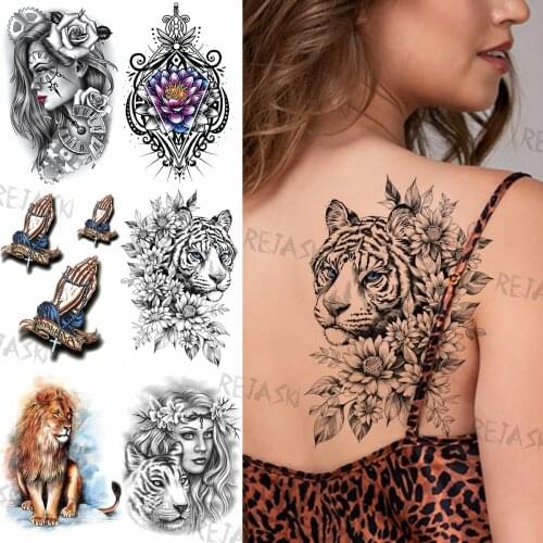Sexy Sun Flower Tiger Temporary Tattoos For Women Girl Realistic Fake Henna Lion Gangster Christ Tatoos Back Waist Tatoo Sticker