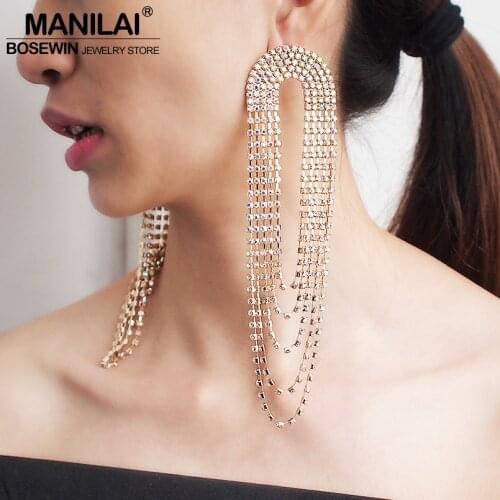 MANILAI Shiny Rhinestones Tassel Earring For Women Statement Long Dangle Earrings Charm Wedding Party Jewelry