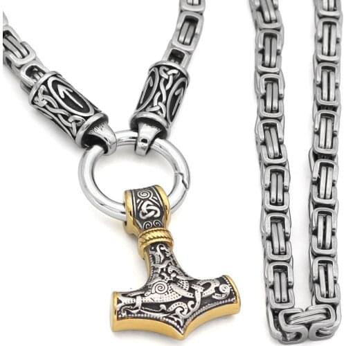 Nordic viking rune with thor hammer pendant necklace stainless steel -king chain with valknut gift bag
