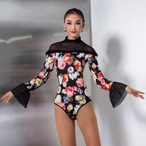 Ballroom Dance Tops High Collar Long Sleeves 2021 New Printing Leotards Standard Waltz Dance Ballroom Competition Shirt DNV15280