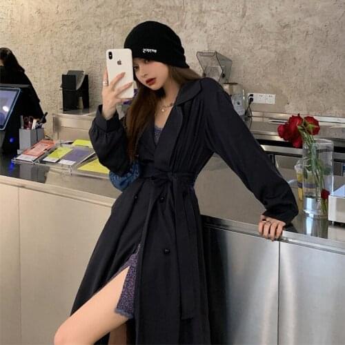 Black Trench Coat Womens 2020 New Spring Autumn Korean Fashion Mid-Length Retro Loose All-Match Windbreaker Female Coats A284